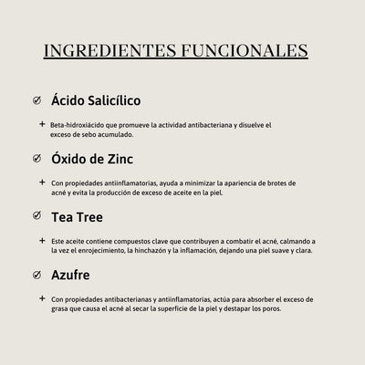 Ácido Salicílico, Óxido de Zinc, Tea Tree, Azufre.