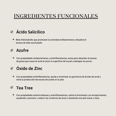 Ácido Salicílico, Azufre, Óxido de Zinc, Tea Tree.